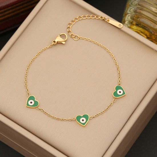 Immagine di Ecologico 304 Acciaio Inossidabile Religione Cavo Catena Braccialetti Oro Placcato Multicolore Malocchio Cuore Smalto 18cm Lunghezza, 1 Pz