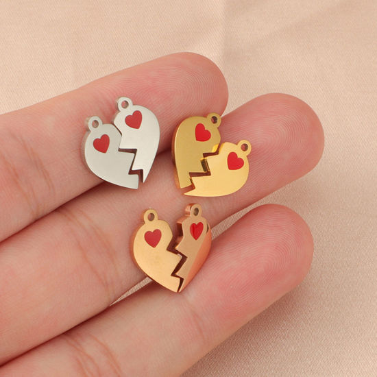 Immagine di Ecologico 304 Acciaio Inossidabile San Valentino Charms Cuore Spezzato Multicolore 15mm x 15mm, 1 Pz