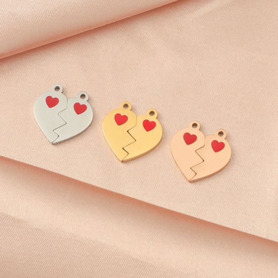 Immagine di Ecologico 304 Acciaio Inossidabile San Valentino Charms Cuore Spezzato Multicolore 15mm x 15mm, 1 Pz