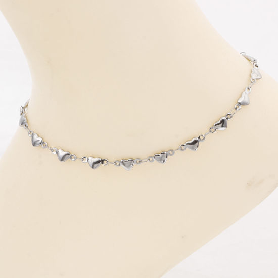 Изображение Экологичный 304 Нержавеющая Сталь День святого Валентина Цепи Ножные Браслеты Серебряный Тон Сердце 24см - 22см длина, 1 ШТ