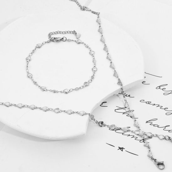 Изображение Экологичный 304 Нержавеющая Сталь День святого Валентина Цепи Ножные Браслеты Серебряный Тон Сердце 24см - 22см длина, 1 ШТ