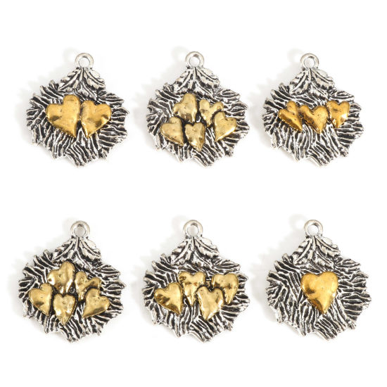 Immagine di Lega di Zinco San Valentino Charms Foglia Argento Antico Oro Antico Doppio Colore Cuore 26mm x 22mm , 10 Pz