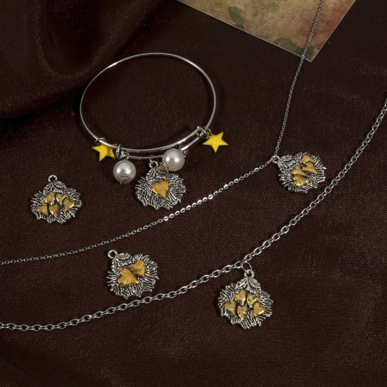 Immagine di Lega di Zinco San Valentino Charms Foglia Argento Antico Oro Antico Doppio Colore Cuore 26mm x 22mm , 10 Pz