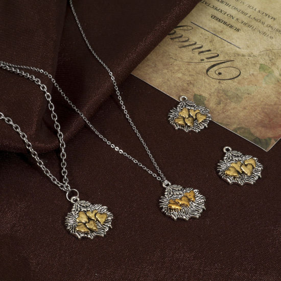 Immagine di Lega di Zinco San Valentino Charms Foglia Argento Antico Oro Antico Doppio Colore Cuore 26mm x 22mm , 10 Pz