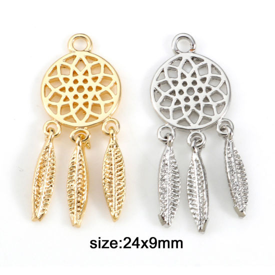 Picture of Brass Charms Real Gold Plated Dream Catcher Feather Hollow 24mm x 9mm                                                                                                                                                                                         