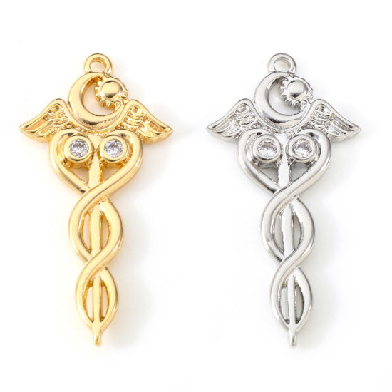 Picture of Brass Religious Pendants Real Gold Plated Half Moon Medical Alert ID Caduceus Clear Cubic Zirconia 3.1cm x 1.5cm                                                                                                                                              