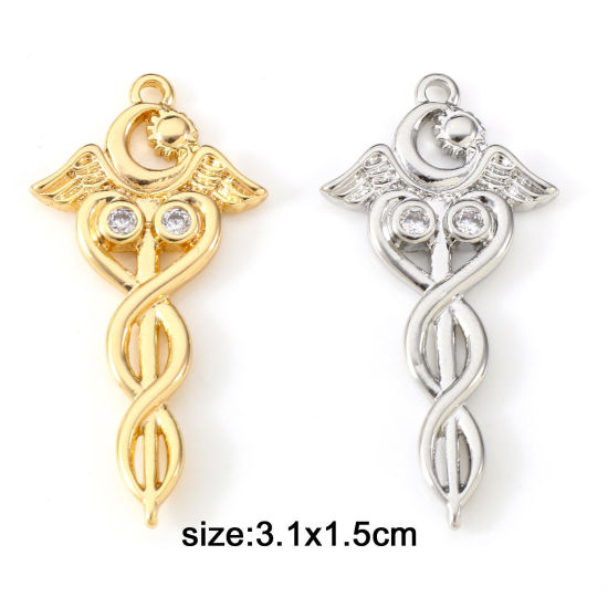 Picture of Brass Religious Pendants Real Gold Plated Half Moon Medical Alert ID Caduceus Clear Cubic Zirconia 3.1cm x 1.5cm                                                                                                                                              