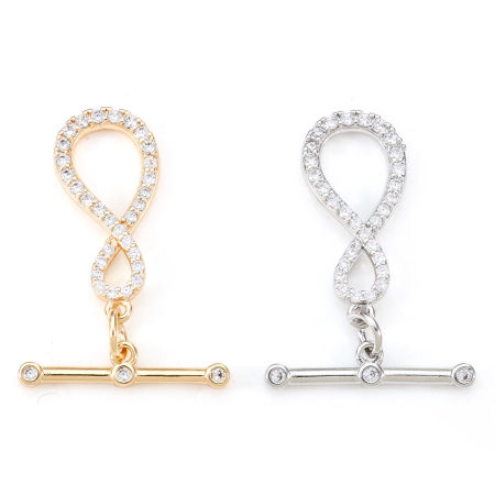 Brass Toggle Clasps Infinity Symbol Real Gold Plated Micro Pave Clear Cubic Zirconia 22mm x 10mm
