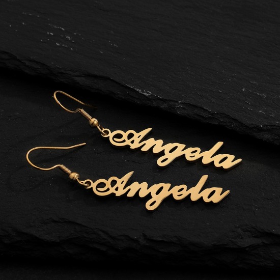 Picture of Customized Fashion Stainless Steel Name Earrings Personalized Letter Pendant, 1 Pair