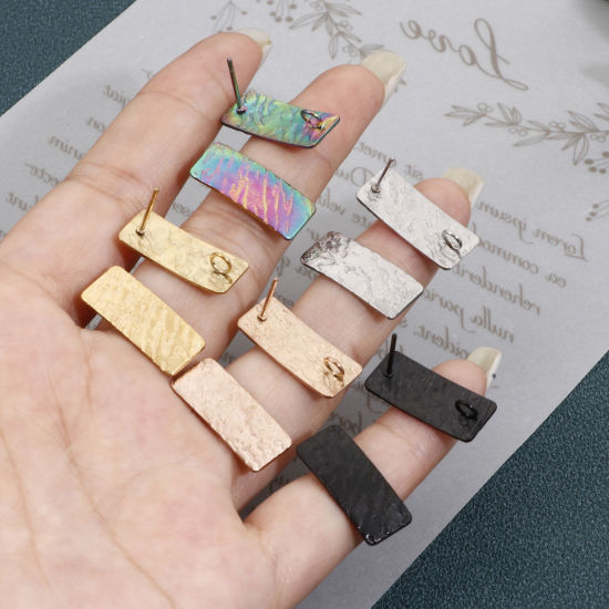 Picture of Eco-friendly Vacuum Plating 304 Stainless Steel Ear Post Stud Earring With Loop Connector Accessories Rectangle Multicolor Wood Grain 20mm x 8mm