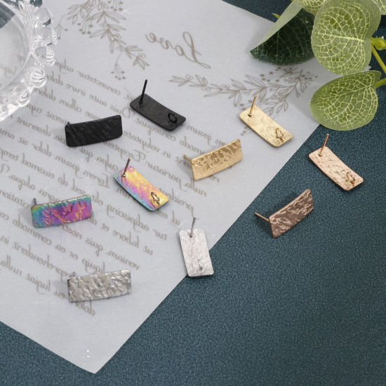 Picture of Eco-friendly Vacuum Plating 304 Stainless Steel Ear Post Stud Earring With Loop Connector Accessories Rectangle Multicolor Wood Grain 20mm x 8mm