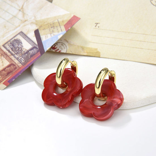 Picture of Hypoallergenic Sweet & Cute Stylish 18K Gold Plated Brass & Resin Flower Earrings For Women Party
