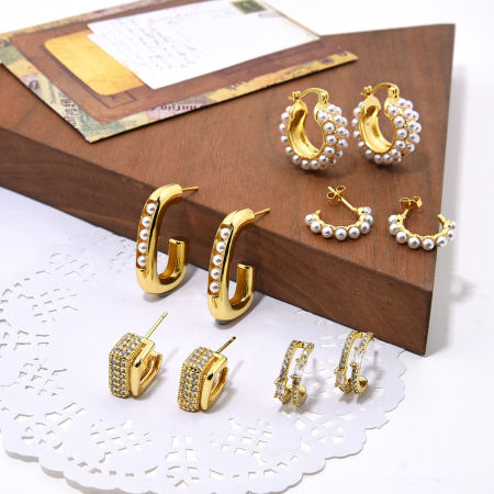 Hypoallergenic Retro Elegant 18K Gold Plated Brass C Shaped Imitation Pearl Hoop Earrings For Women Anniversary