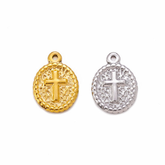 Picture of Eco-friendly 304 Stainless Steel Religious Charms Multicolor Oval Cross 18mm x 13mm