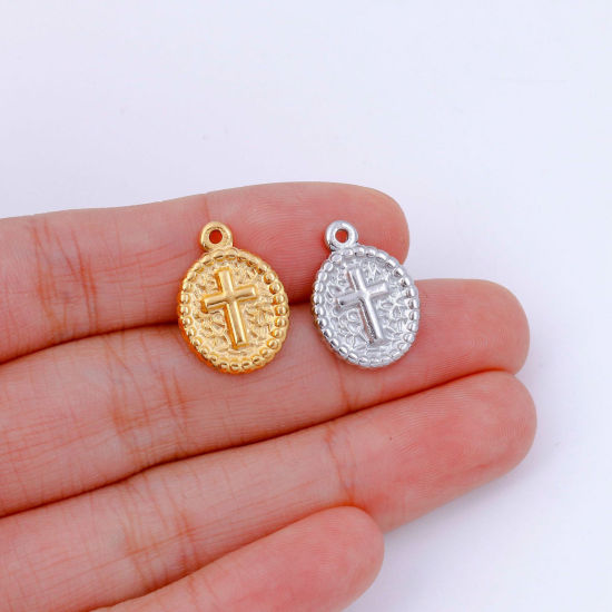 Picture of Eco-friendly 304 Stainless Steel Religious Charms Multicolor Oval Cross 18mm x 13mm