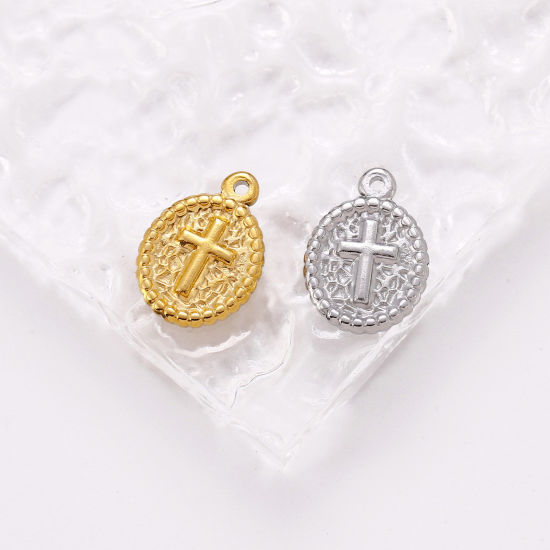 Picture of Eco-friendly 304 Stainless Steel Religious Charms Multicolor Oval Cross 18mm x 13mm