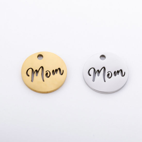 エコフレンドリー 304ステンレス鋼 母の日 チャーム 円形 多色 文字「 Mom」 透かし 12mm 直径、 5 個 の画像