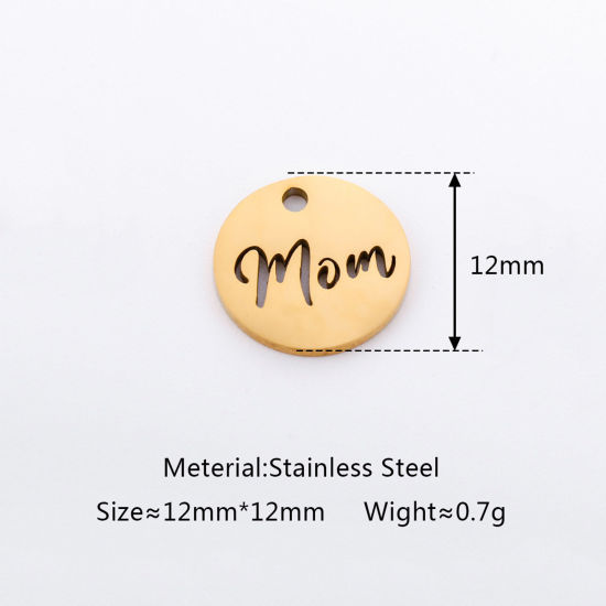 エコフレンドリー 304ステンレス鋼 母の日 チャーム 円形 多色 文字「 Mom」 透かし 12mm 直径、 5 個 の画像