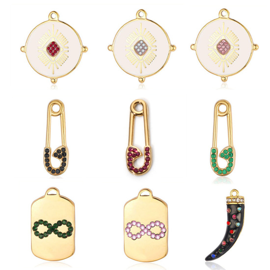 Picture of Eco-friendly Vacuum Plating 304 Stainless Steel Pendants 18K Gold Plated Pin Infinity Symbol Enamel Multicolor Rhinestone