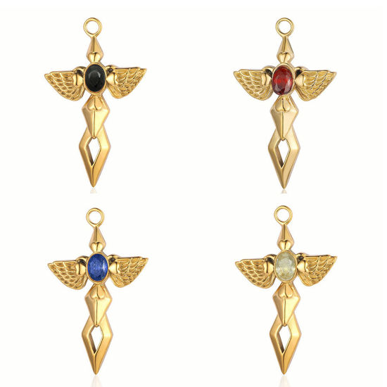 Bild von Umweltfreundliche Vakuumbeschichtung 304 Edelstahl Anhänger Oval 18K Gold plattiert Kreuz Bunt Strass 1 Stück