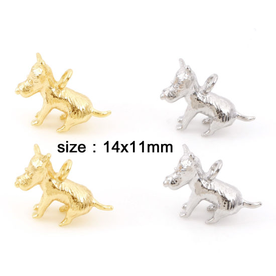 Image de Breloques en Laiton Chien Plaqué Or Véritable 3D 14mm x 11mm, 2 Pcs