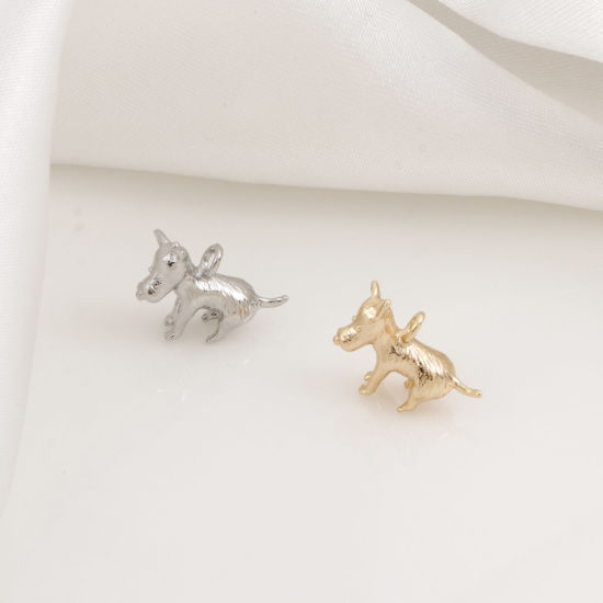 Image de Breloques en Laiton Chien Plaqué Or Véritable 3D 14mm x 11mm, 2 Pcs