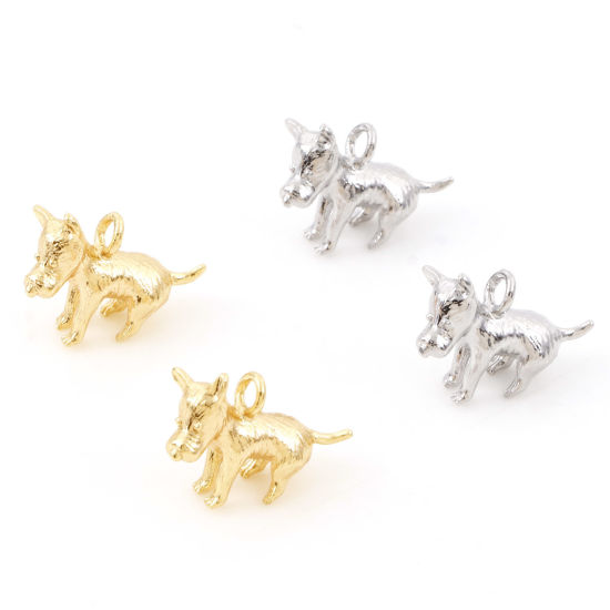 Image de Breloques en Laiton Chien Plaqué Or Véritable 3D 14mm x 11mm, 2 Pcs