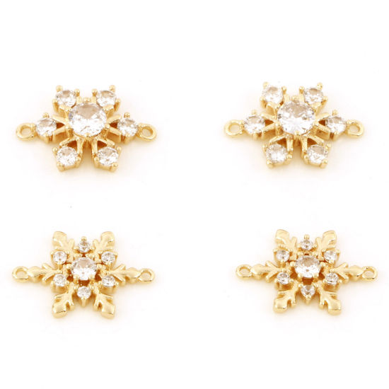 Bild von Messing Wetter Kollektion Steckverbinder Charms Anhänger Weihnachten Schneeflocke 18K Echtgold plattiert Micro Pave Klar Zirkonia 2 Stück