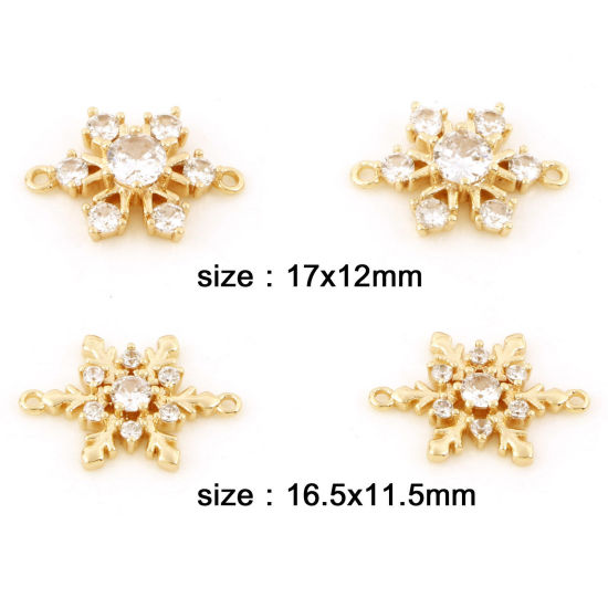 Bild von Messing Wetter Kollektion Steckverbinder Charms Anhänger Weihnachten Schneeflocke 18K Echtgold plattiert Micro Pave Klar Zirkonia 2 Stück