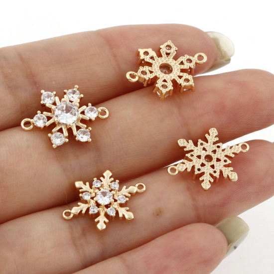 Bild von Messing Wetter Kollektion Steckverbinder Charms Anhänger Weihnachten Schneeflocke 18K Echtgold plattiert Micro Pave Klar Zirkonia 2 Stück