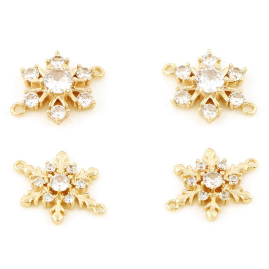 Bild von Messing Wetter Kollektion Steckverbinder Charms Anhänger Weihnachten Schneeflocke 18K Echtgold plattiert Micro Pave Klar Zirkonia 2 Stück