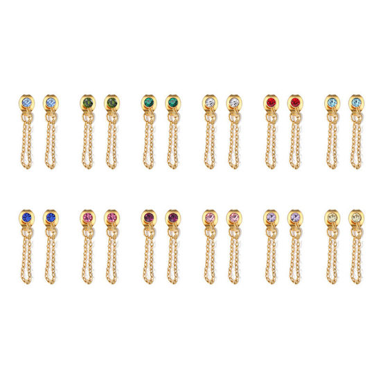 Picture of Eco-friendly Vacuum Plating 304 Stainless Steel Birthstone Tassel Earrings 14K Gold Plated Multicolor Rhinestone 3mm Dia.
