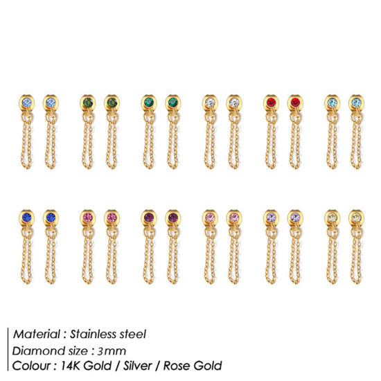Picture of Eco-friendly Vacuum Plating 304 Stainless Steel Birthstone Tassel Earrings 14K Gold Plated Multicolor Rhinestone 3mm Dia.