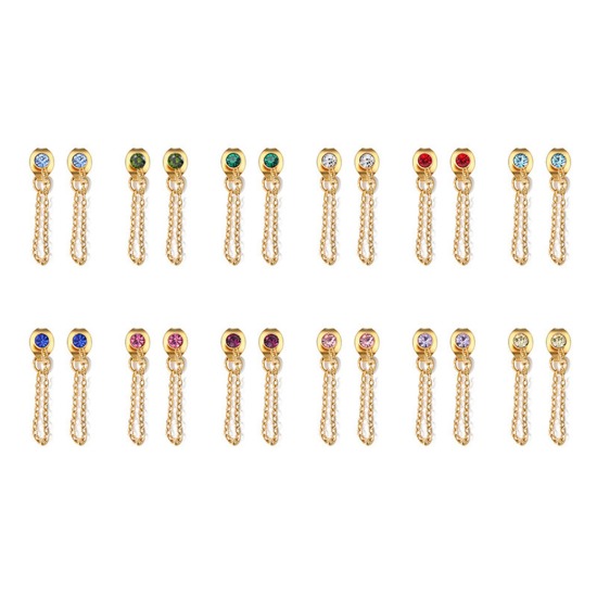 Image de Boucles d'Oreilles Franges Pompons Glands en 304 Acier Inoxydable Placage Sous Vide Écologique Pierres de Naissance Plaqué Or 14K à Strass Coloré 3mm Dia., 1 Paire