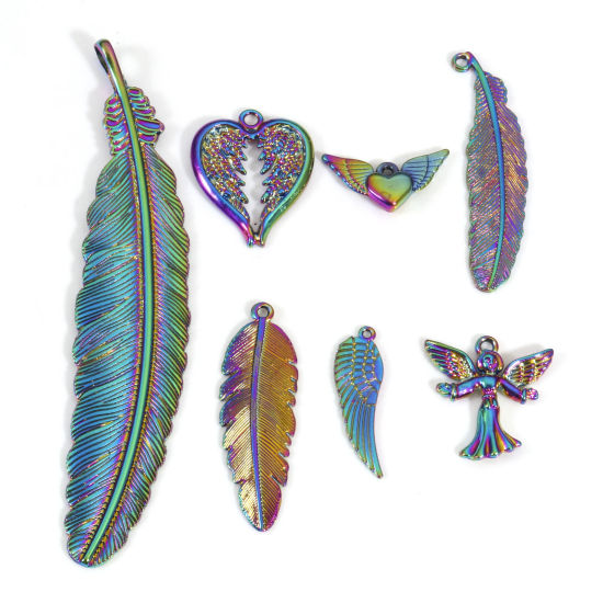 Изображение Цинковый Сплав Подвески Крыло Цвет радуги с покрытием Перо 5 ШТ
