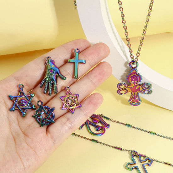 Image de Pendentifs Religieux en Alliage de Zinc Croix Plaqué de Couleur Arc-en-ciel L'oeil d'Horus 5 Pcs