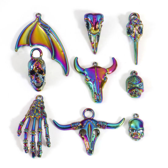 Bild von Zinklegierung Halloween Anhänger Regenbogenfarbe Plattiert Skelett Schädel 5 Stück