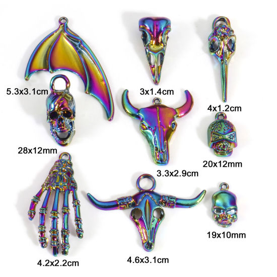 Bild von Zinklegierung Halloween Anhänger Regenbogenfarbe Plattiert Skelett Schädel 5 Stück