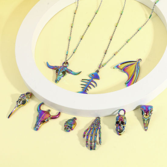 Bild von Zinklegierung Halloween Anhänger Regenbogenfarbe Plattiert Skelett Schädel 5 Stück