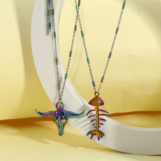 Bild von Zinklegierung Halloween Anhänger Regenbogenfarbe Plattiert Skelett Schädel 5 Stück