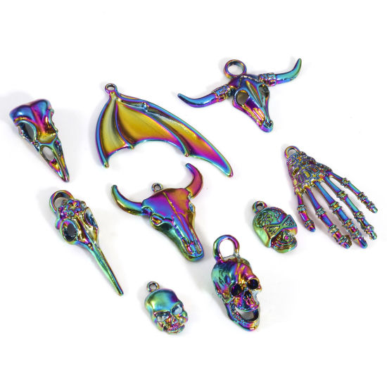Bild von Zinklegierung Halloween Anhänger Regenbogenfarbe Plattiert Skelett Schädel 5 Stück