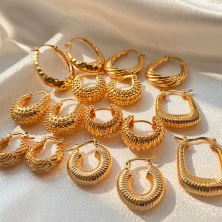 Hypoallergenic Retro Simple 18K Real Gold Plated Copper Stripe Hoop Earrings For Women Party