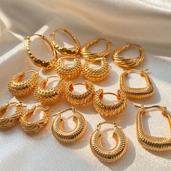 Picture of Hypoallergenic Retro Simple 18K Real Gold Plated Copper Stripe Hoop Earrings For Women Party
