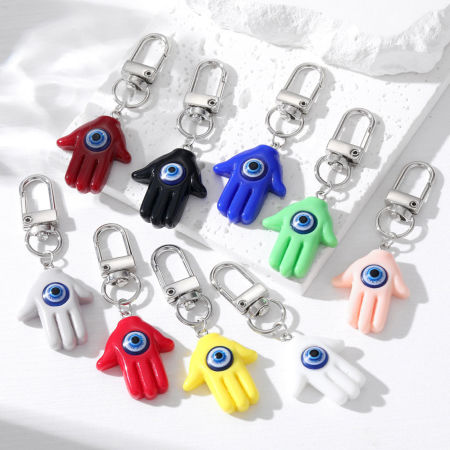 Resin Religious Keychain & Keyring Silver Tone Multicolor Hamsa Symbol Hand Evil Eye