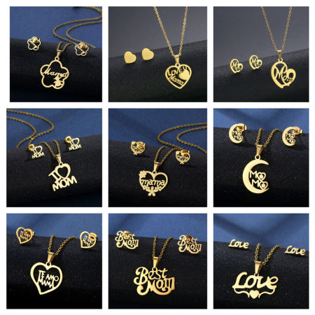 201 Stainless Steel Mother's Day Jewelry Necklace Stud Earring Set Gold Plated 45cm(17 6/8") long
