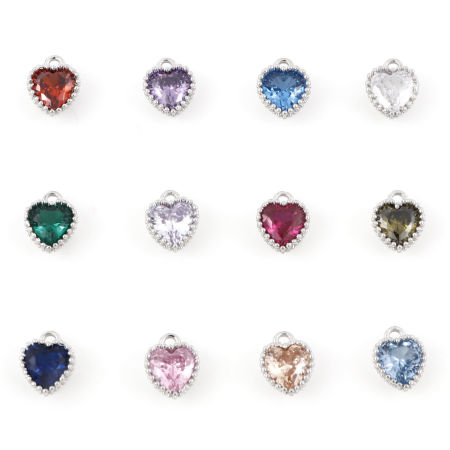 Bild von Messing Monatsstein Charms Echt Platin plattiert Herz Bunt Zirkonia 8mm x 6,5mm, 2 Stück