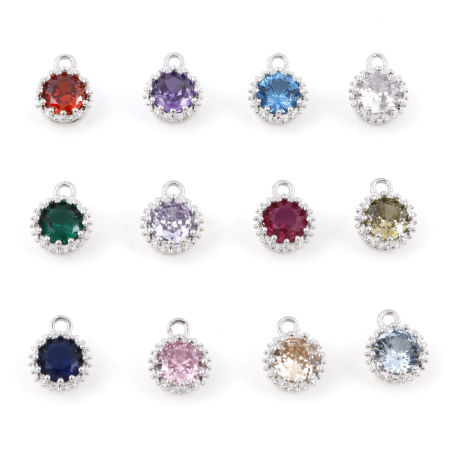 Bild von Messing Monatsstein Charms Echt Platin plattiert Rund Bunt Zirkonia 9mm x 7mm, 2 Stück