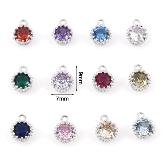 Picture of Brass Birthstone Charms Real Platinum Plated Round Multicolour Cubic Zirconia 9mm x 7mm