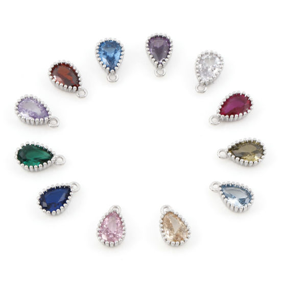 Imagen de Latón piedra del zodíaco Colgantes Charms Gota Platino Real Chapado Multicolor Circón Artificial 8.5mm x 5mm, 2 Unidades