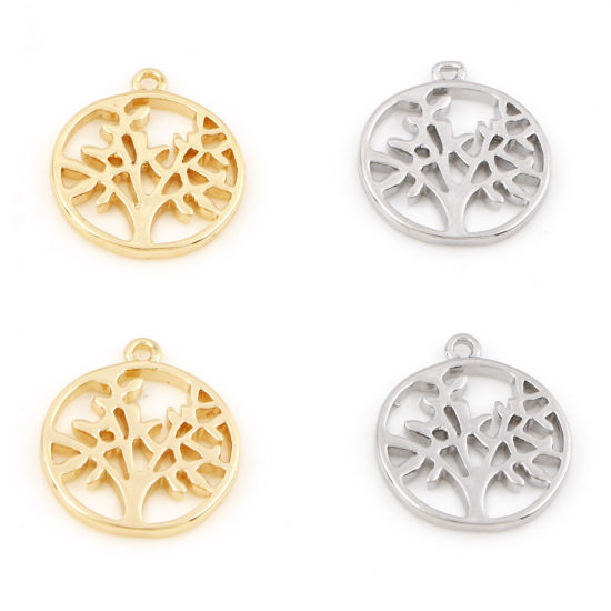 Image de Breloques en Laiton Rond Plaqué Or Véritable Arbre de Vie 17mm x 15mm, 2 Pcs